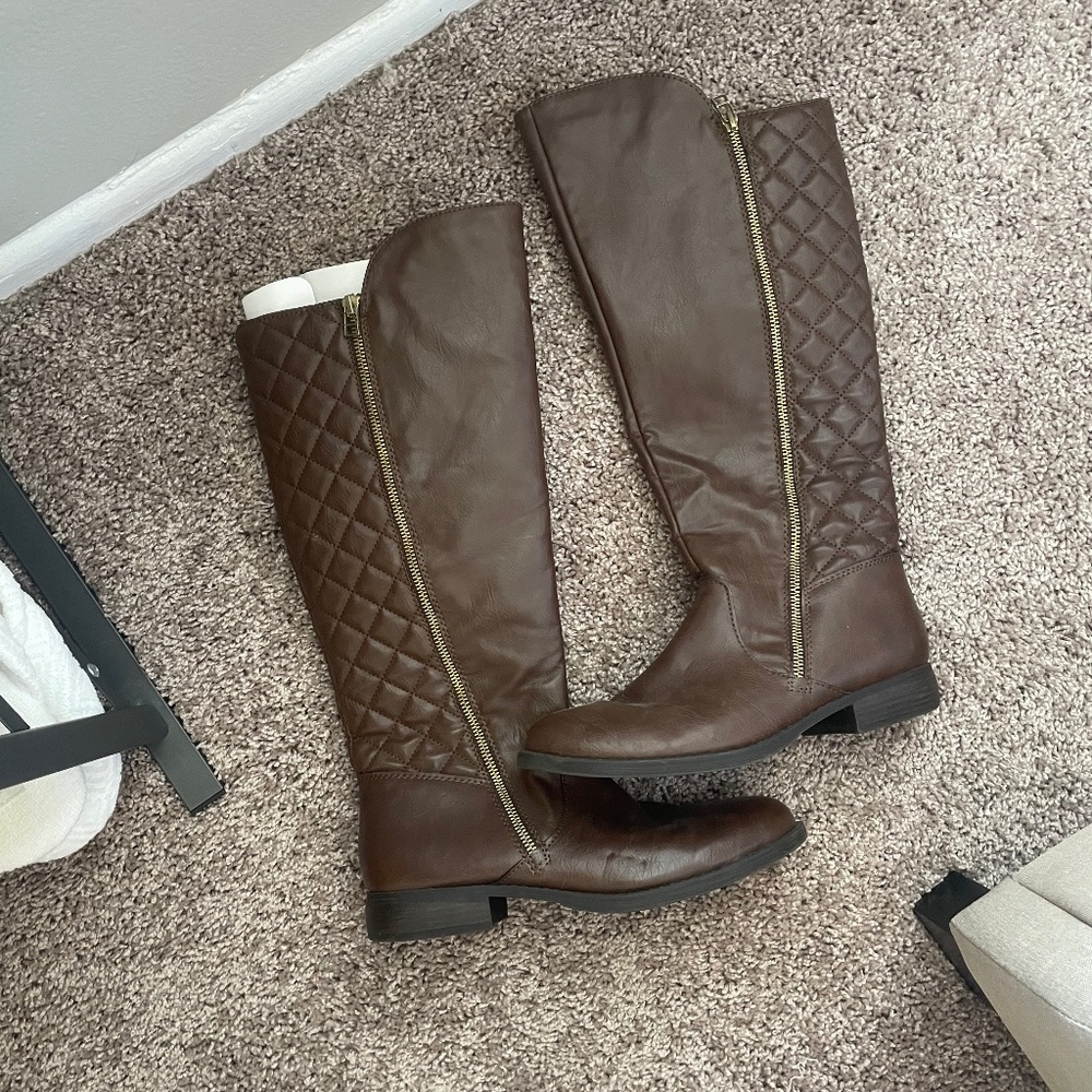 Brown Quilted Knee High Boots